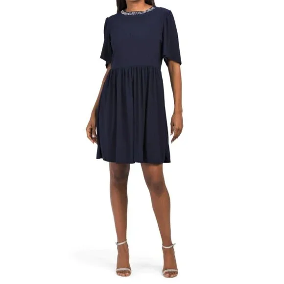 NWT Tiana B Beaded Neck Elbow Sleeve Cocktail Party Mini Dress